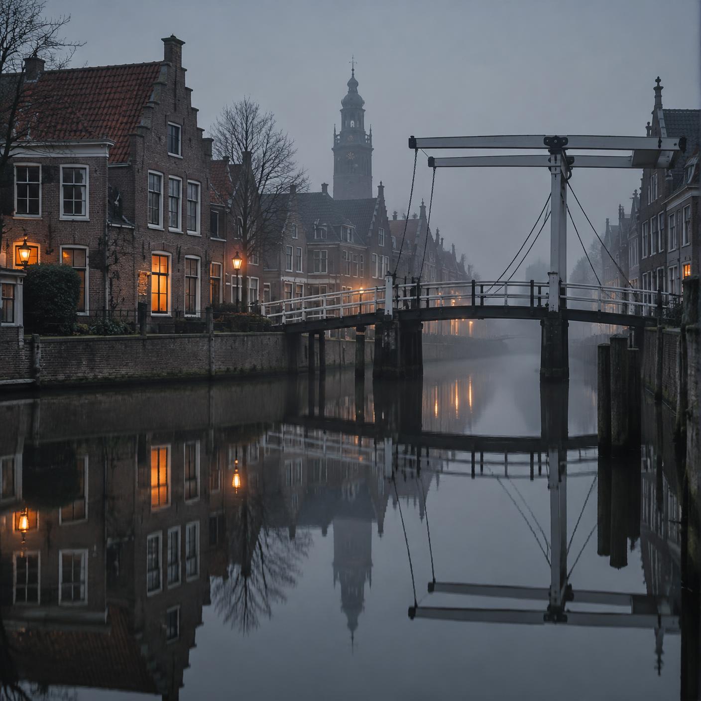 Grachtenpanden en een ophaalbrug die weerspiegelen in stil water op een mistige ochtend